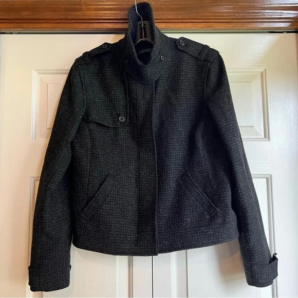 Lauren Ralph Lauren Military Jacket Wool Black Cropped Button Checkered Size 10 - Picture 4 of 16